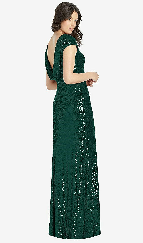 【STYLE: 3043】Cap Sleeve Cowl-Back Sequin Gown with Front Slit【COLOR: Hunter Green】