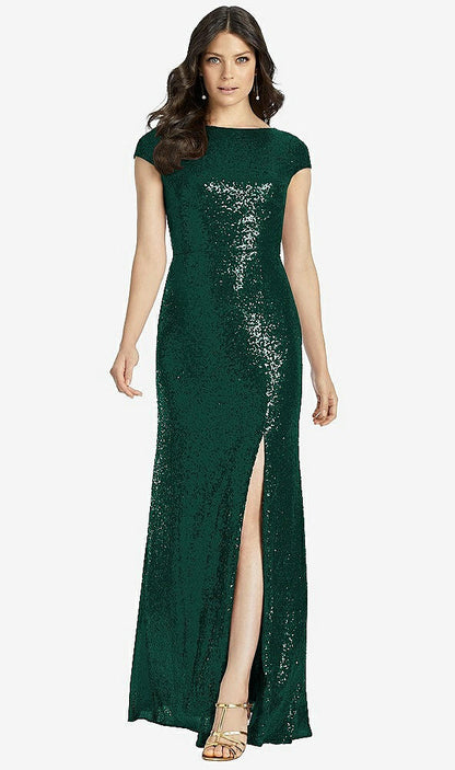 【STYLE: 3043】Cap Sleeve Cowl-Back Sequin Gown with Front Slit【COLOR: Hunter Green】