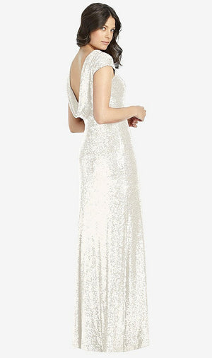 【STYLE: 3043】Cap Sleeve Cowl-Back Sequin Gown with Front Slit【COLOR: Ivory】