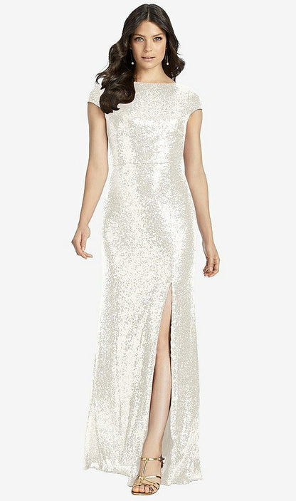 【STYLE: 3043】Cap Sleeve Cowl-Back Sequin Gown with Front Slit【COLOR: Ivory】