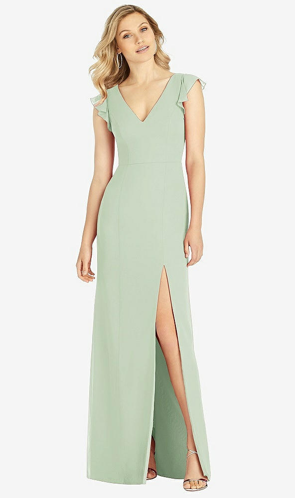 【STYLE: 6810】Ruffled Sleeve Mermaid Dress with Front Slit【COLOR: Celadon】