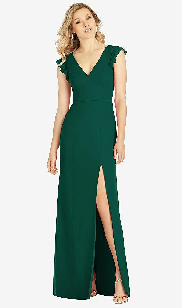 【STYLE: 6810】Ruffled Sleeve Mermaid Dress with Front Slit【COLOR: Hunter Green】