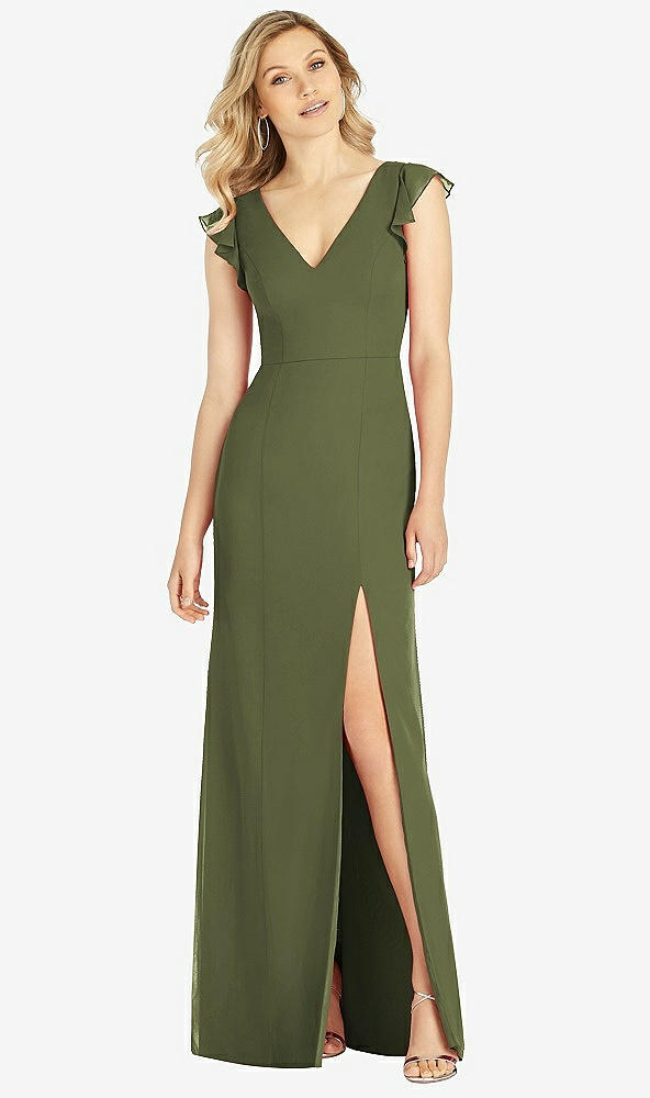 【STYLE: 6810】Ruffled Sleeve Mermaid Dress with Front Slit【COLOR: Olive Green】