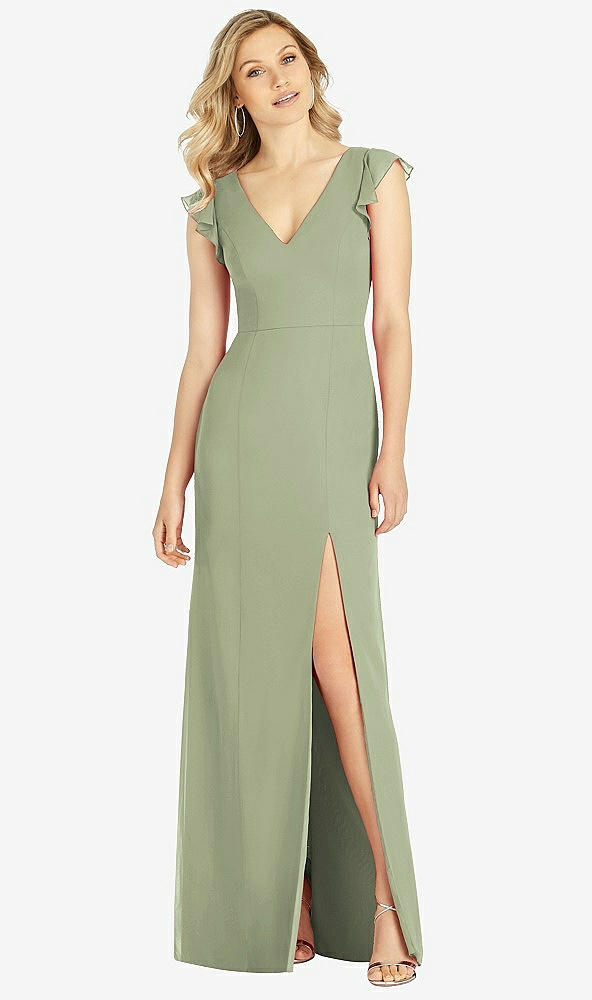 【STYLE: 6810】Ruffled Sleeve Mermaid Dress with Front Slit【COLOR: Sage】
