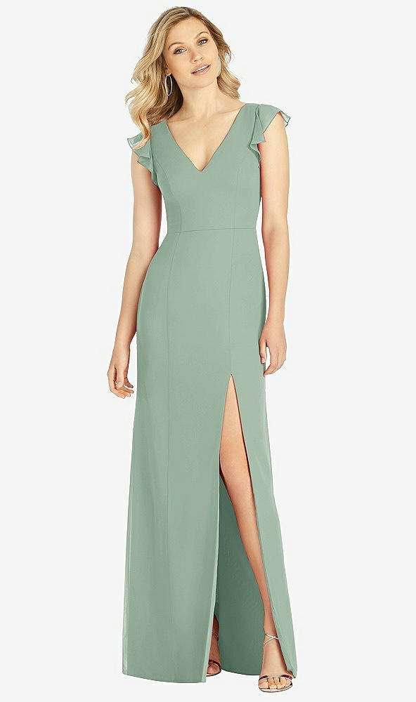 【STYLE: 6810】Ruffled Sleeve Mermaid Dress with Front Slit【COLOR: Seagrass】