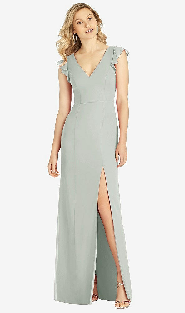 【STYLE: 6810】Ruffled Sleeve Mermaid Dress with Front Slit【COLOR: Willow Green】