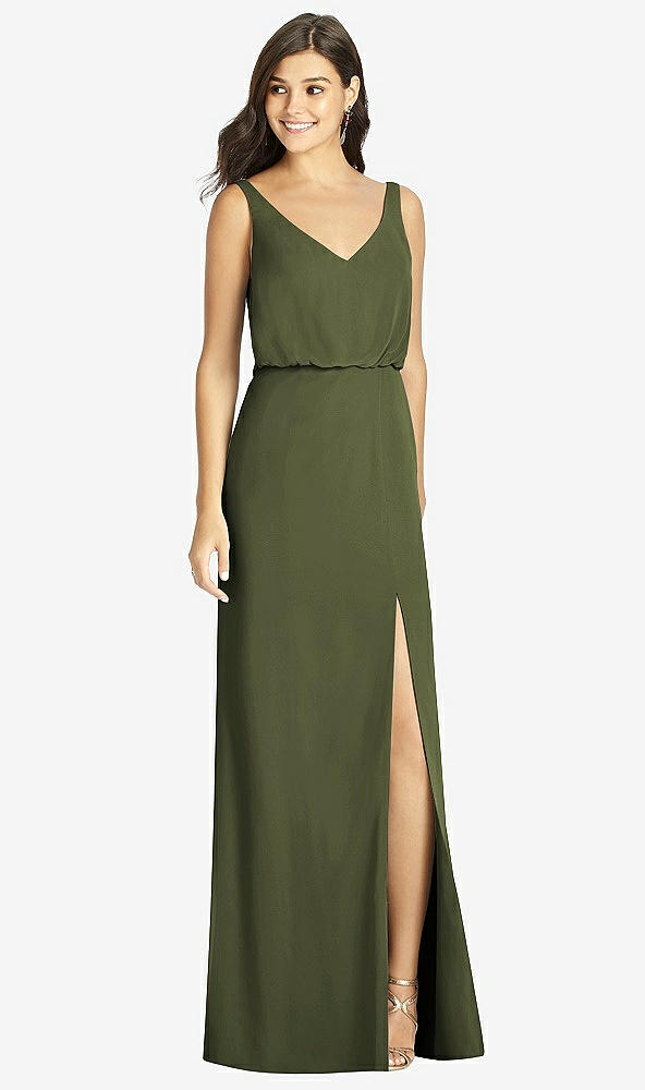 【STYLE: TH006】Blouson Bodice Mermaid Dress with Front Slit【COLOR: Olive Green】