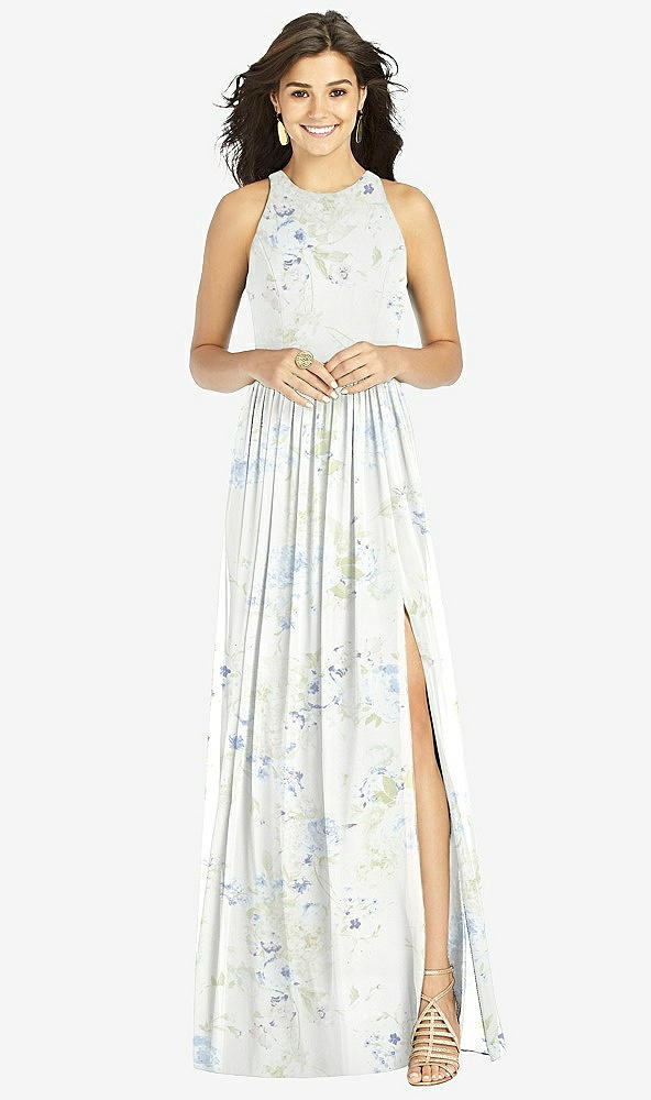 【STYLE: TH008】Shirred Skirt Jewel Neck Halter Dress with Front Slit【COLOR: Bleu Garden】
