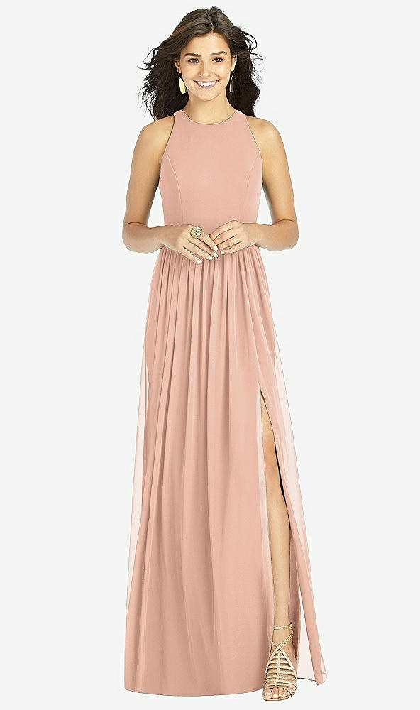 【STYLE: TH008】Shirred Skirt Jewel Neck Halter Dress with Front Slit【COLOR: Pale Peach】