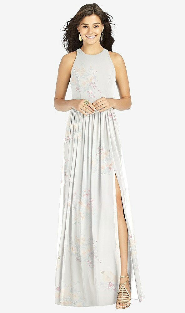 【STYLE: TH008】Shirred Skirt Jewel Neck Halter Dress with Front Slit【COLOR: Spring Fling】