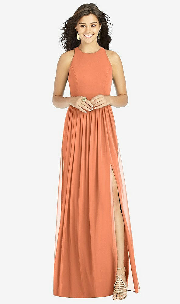 【STYLE: TH008】Shirred Skirt Jewel Neck Halter Dress with Front Slit【COLOR: Sweet Melon】