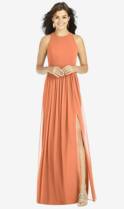 【STYLE: TH008】Shirred Skirt Jewel Neck Halter Dress with Front Slit【COLOR: Sweet Melon】