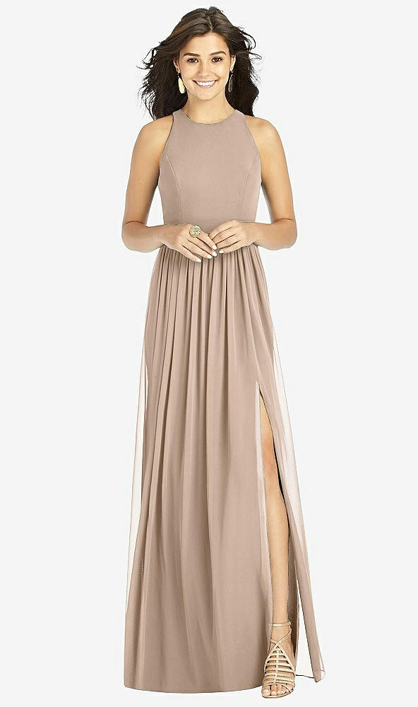 【STYLE: TH008】Shirred Skirt Jewel Neck Halter Dress with Front Slit【COLOR: Topaz】