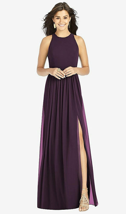 【NEW】【STYLE: TH008】Shirred スカート 宝石 首 ホルター ドレス 前面 スリット【COLOR: Aubergine】【SIZE: 00-30W】