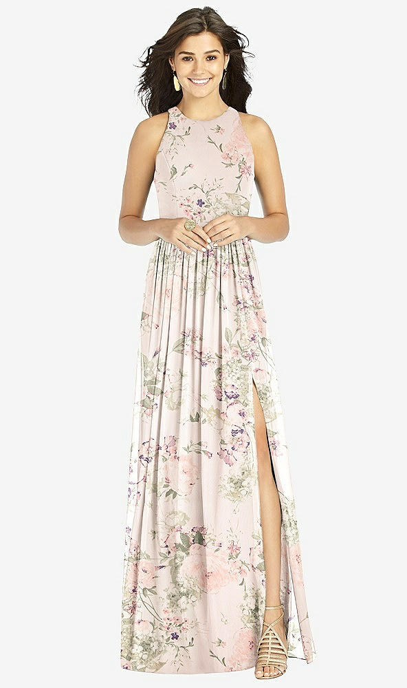 【STYLE: TH008】Shirred Skirt Jewel Neck Halter Dress with Front Slit【COLOR: Blush Garden】