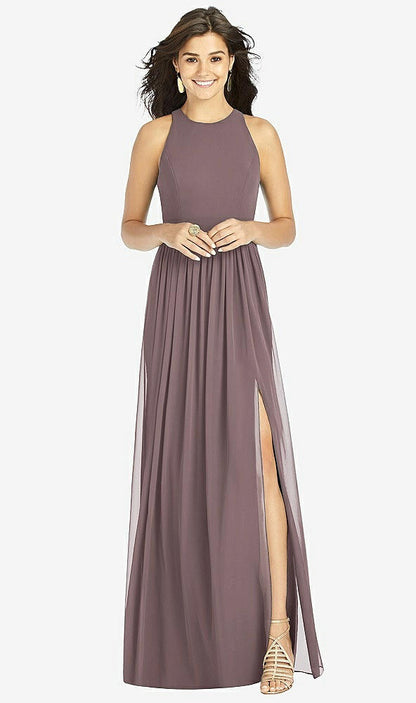 【STYLE: TH008】Shirred Skirt Jewel Neck Halter Dress with Front Slit【COLOR: French Truffle】