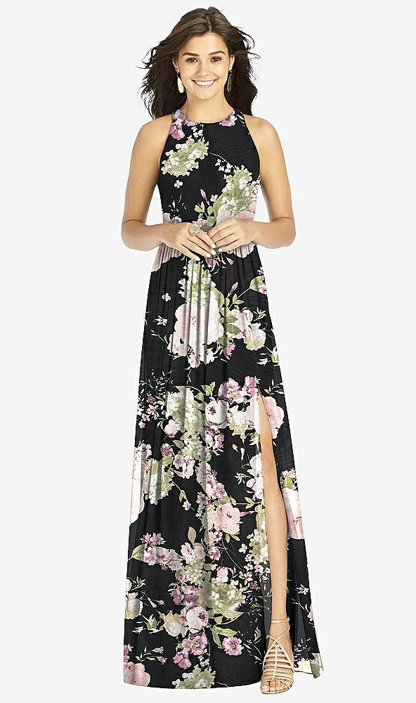 【STYLE: TH008】Shirred Skirt Jewel Neck Halter Dress with Front Slit【COLOR: Noir Garden】