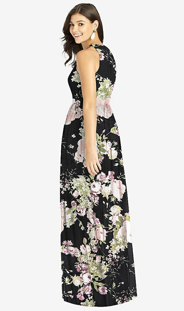 【STYLE: TH008】Shirred Skirt Jewel Neck Halter Dress with Front Slit【COLOR: Noir Garden】