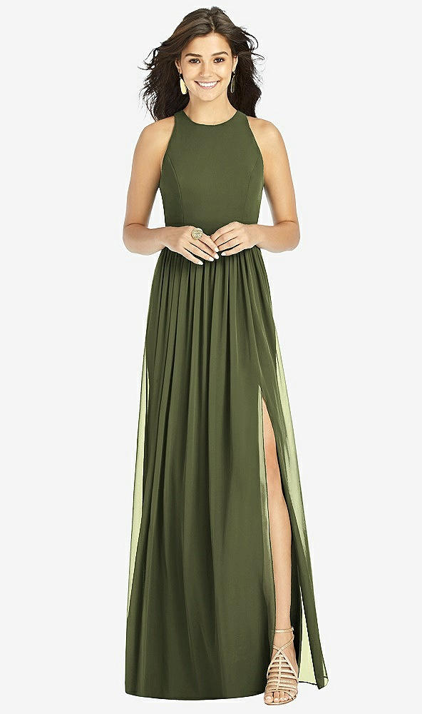 【STYLE: TH008】Shirred Skirt Jewel Neck Halter Dress with Front Slit【COLOR: Olive Green】