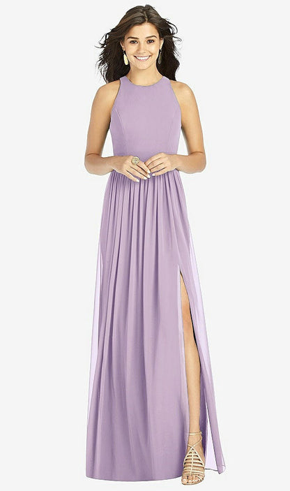【NEW】【STYLE: TH008】Shirred スカート 宝石 首 ホルター ドレス 前面 スリット【COLOR: Pale Purple】【SIZE: 00-30W】