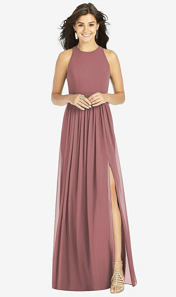 【STYLE: TH008】Shirred Skirt Jewel Neck Halter Dress with Front Slit【COLOR: Rosewood】