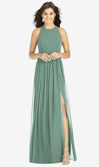 【STYLE: TH008】Shirred Skirt Jewel Neck Halter Dress with Front Slit【COLOR: Seagrass】