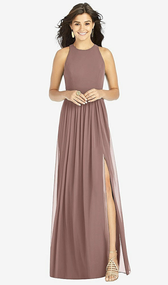 【STYLE: TH008】Shirred Skirt Jewel Neck Halter Dress with Front Slit【COLOR: Sienna】