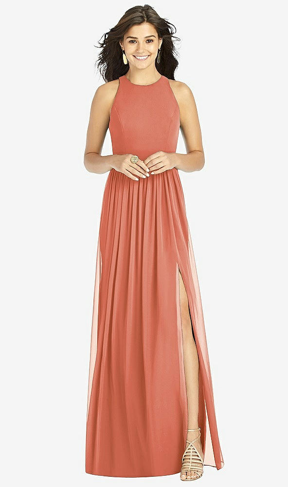 【STYLE: TH008】Shirred Skirt Jewel Neck Halter Dress with Front Slit【COLOR: Terracotta Copper】
