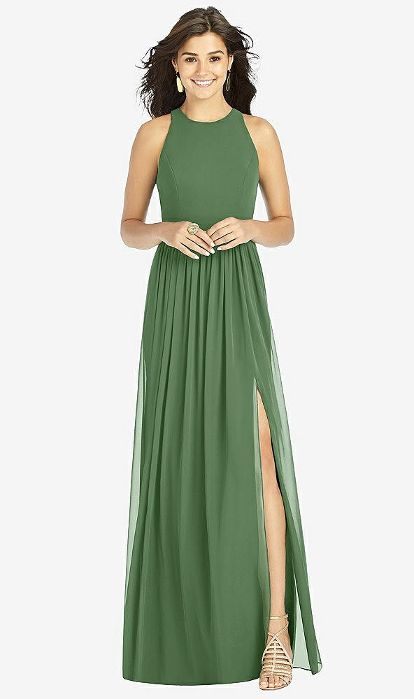 【STYLE: TH008】Shirred Skirt Jewel Neck Halter Dress with Front Slit【COLOR: Vineyard Green】