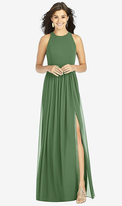 【STYLE: TH008】Shirred Skirt Jewel Neck Halter Dress with Front Slit【COLOR: Vineyard Green】