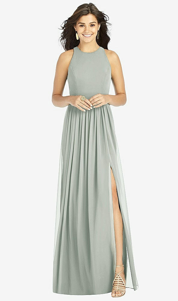 【STYLE: TH008】Shirred Skirt Jewel Neck Halter Dress with Front Slit【COLOR: Willow Green】