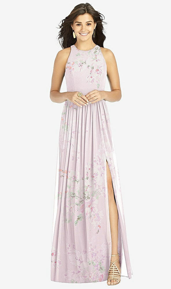 【STYLE: TH008】Shirred Skirt Jewel Neck Halter Dress with Front Slit【COLOR: Watercolor Print】