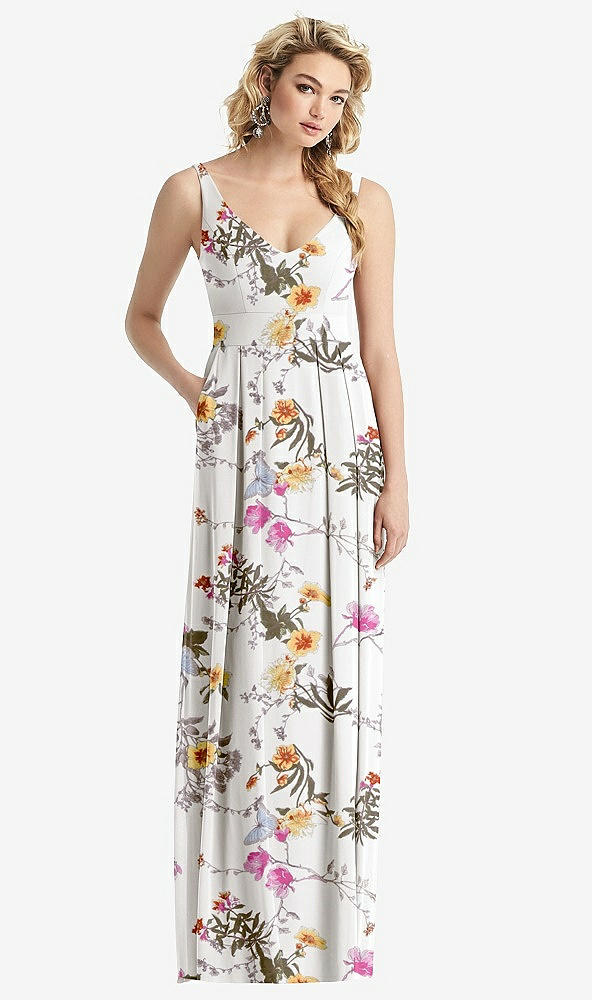 【STYLE: 1519】Sleeveless Pleated Skirt Maxi Dress with Pockets【COLOR: Butterfly Botanica Ivory】
