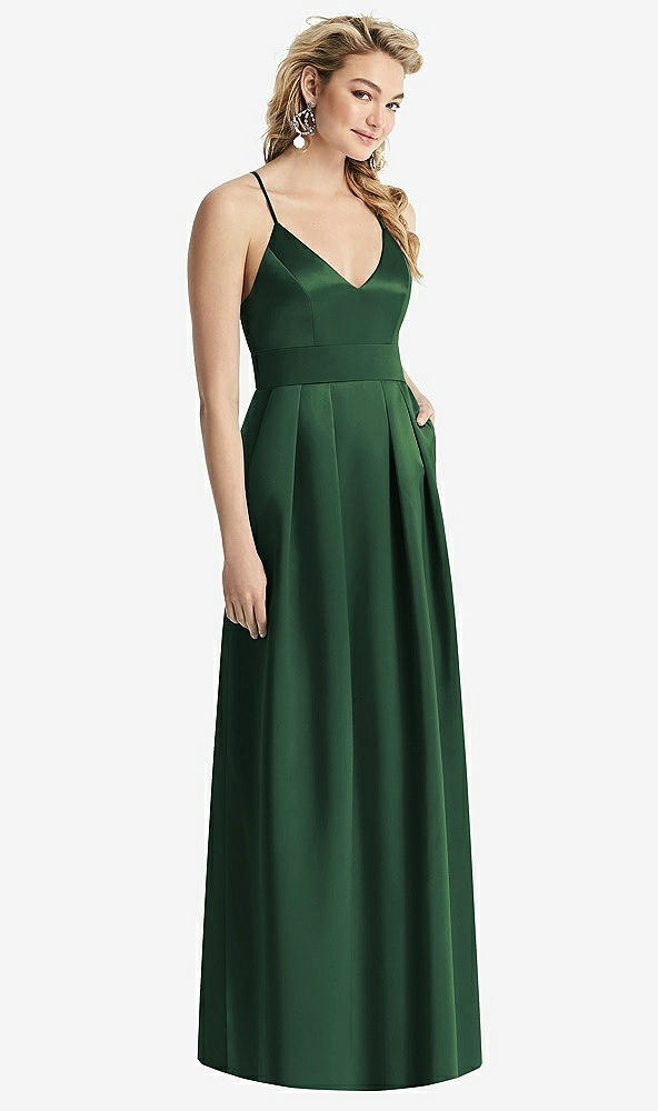 【STYLE: 1521】Pleated Skirt Satin Maxi Dress with Pockets【COLOR: Hampton Green】