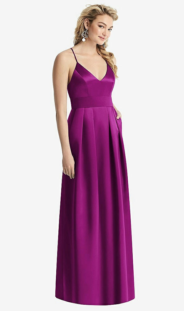 【STYLE: 1521】Pleated Skirt Satin Maxi Dress with Pockets【COLOR: Persian Plum】