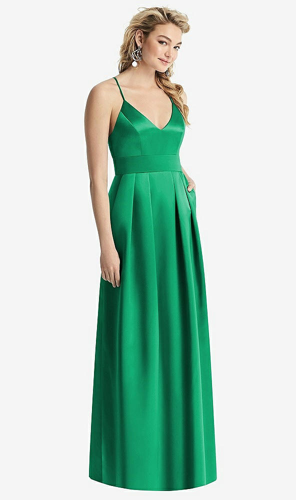 【STYLE: 1521】Pleated Skirt Satin Maxi Dress with Pockets【COLOR: Pantone Emerald】