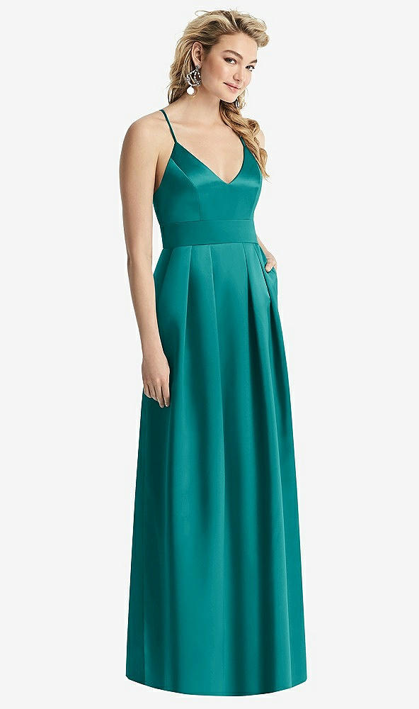 【STYLE: 1521】Pleated Skirt Satin Maxi Dress with Pockets【COLOR: Jade】