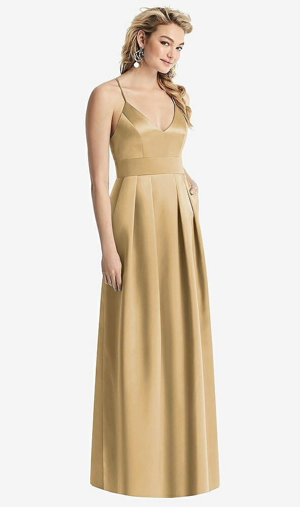 【STYLE: 1521】Pleated Skirt Satin Maxi Dress with Pockets【COLOR: Venetian Gold】