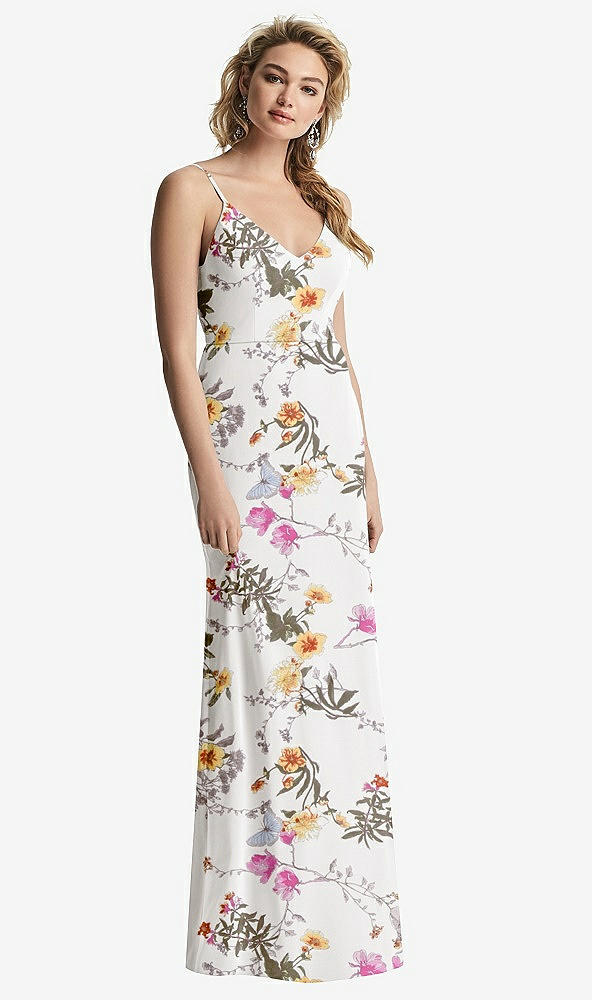 【STYLE: 6815】Shirred Sash Cowl-Back Chiffon Trumpet Gown【COLOR: Butterfly Botanica Ivory】