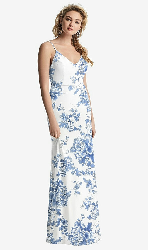 【STYLE: 6815】Shirred Sash Cowl-Back Chiffon Trumpet Gown【COLOR: Cottage Rose Dusk Blue】