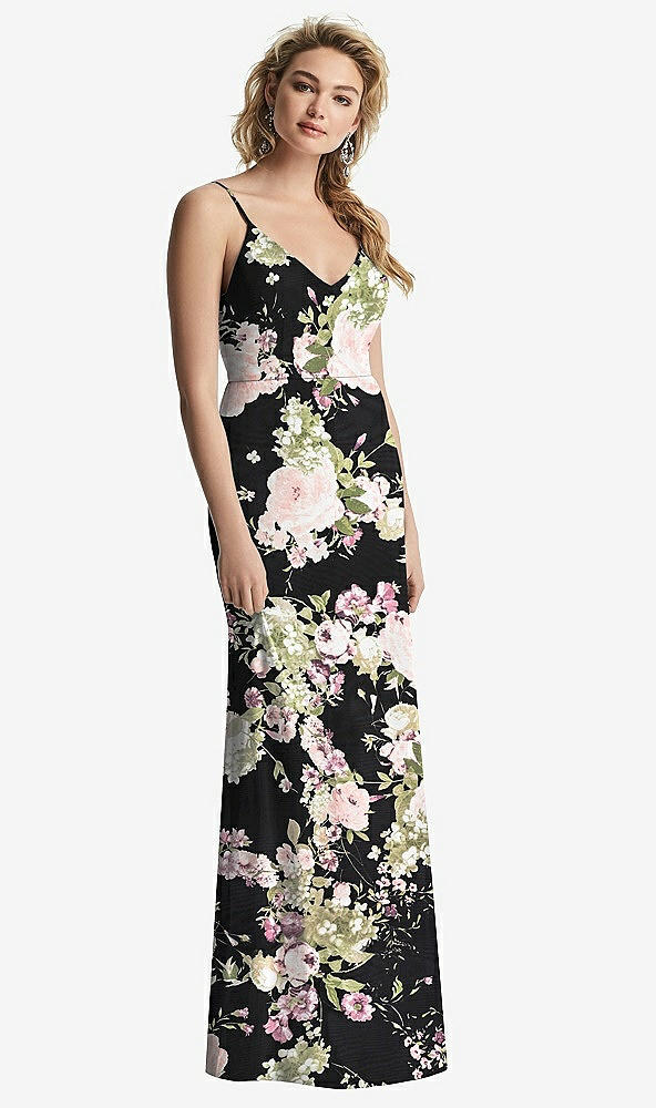 【STYLE: 6815】Shirred Sash Cowl-Back Chiffon Trumpet Gown【COLOR: Noir Garden】
