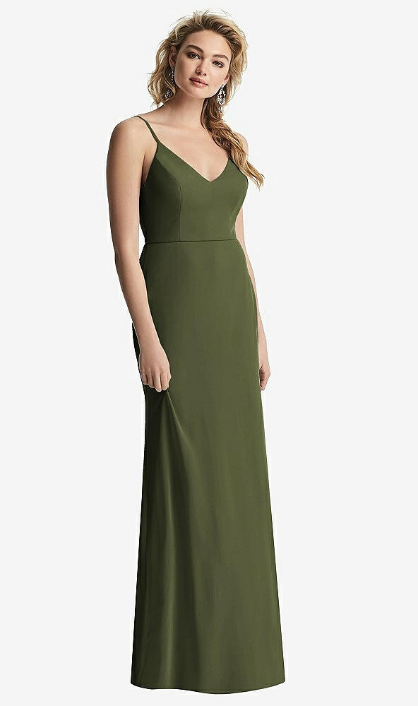 【STYLE: 6815】Shirred Sash Cowl-Back Chiffon Trumpet Gown【COLOR: Olive Green】