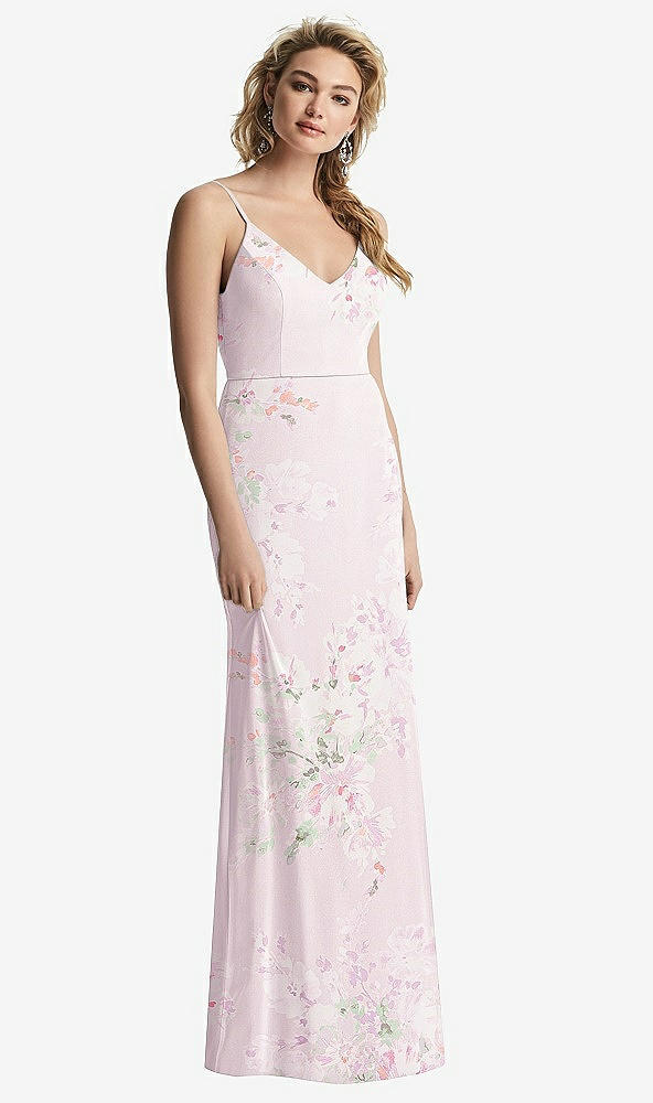 【STYLE: 6815】Shirred Sash Cowl-Back Chiffon Trumpet Gown【COLOR: Watercolor Print】