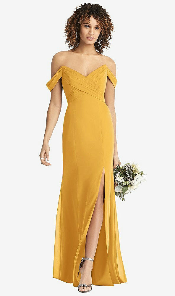 【STYLE: 8193】Off-the-Shoulder Criss Cross Bodice Trumpet Gown【COLOR: NYC Yellow】