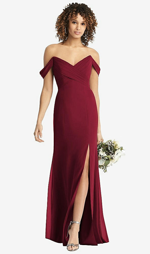【STYLE: 8193】Off-the-Shoulder Criss Cross Bodice Trumpet Gown【COLOR: Burgundy】