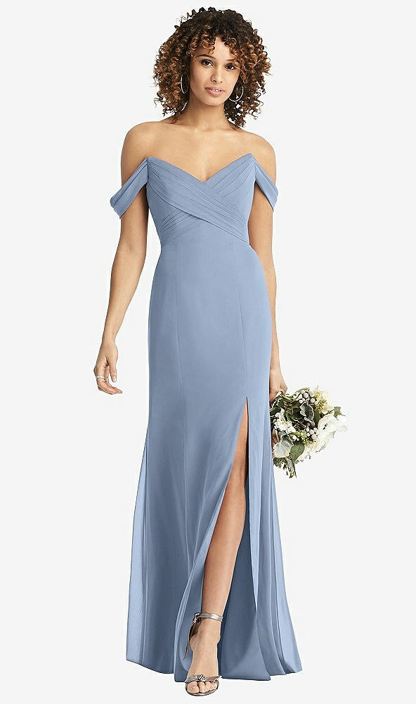 【STYLE: 8193】Off-the-Shoulder Criss Cross Bodice Trumpet Gown【COLOR: Cloudy】