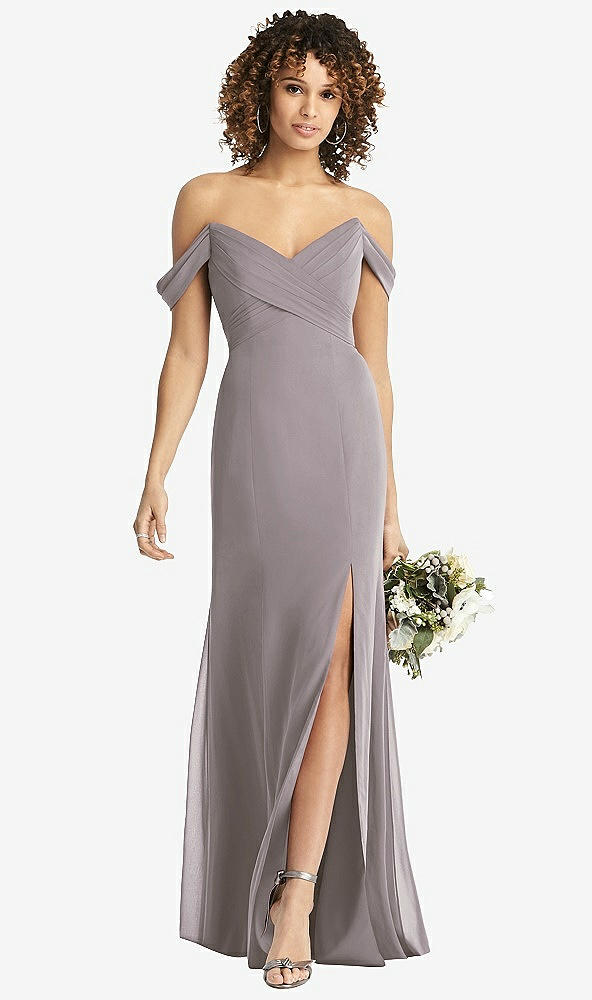 【STYLE: 8193】Off-the-Shoulder Criss Cross Bodice Trumpet Gown【COLOR: Cashmere Gray】