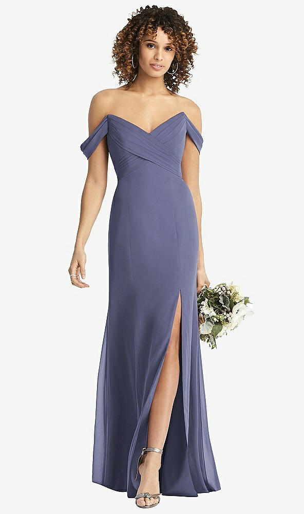 【STYLE: 8193】Off-the-Shoulder Criss Cross Bodice Trumpet Gown【COLOR: French Blue】