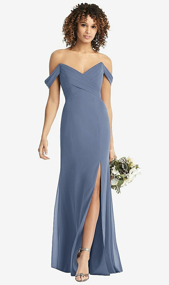 【STYLE: 8193】Off-the-Shoulder Criss Cross Bodice Trumpet Gown【COLOR: Larkspur Blue】