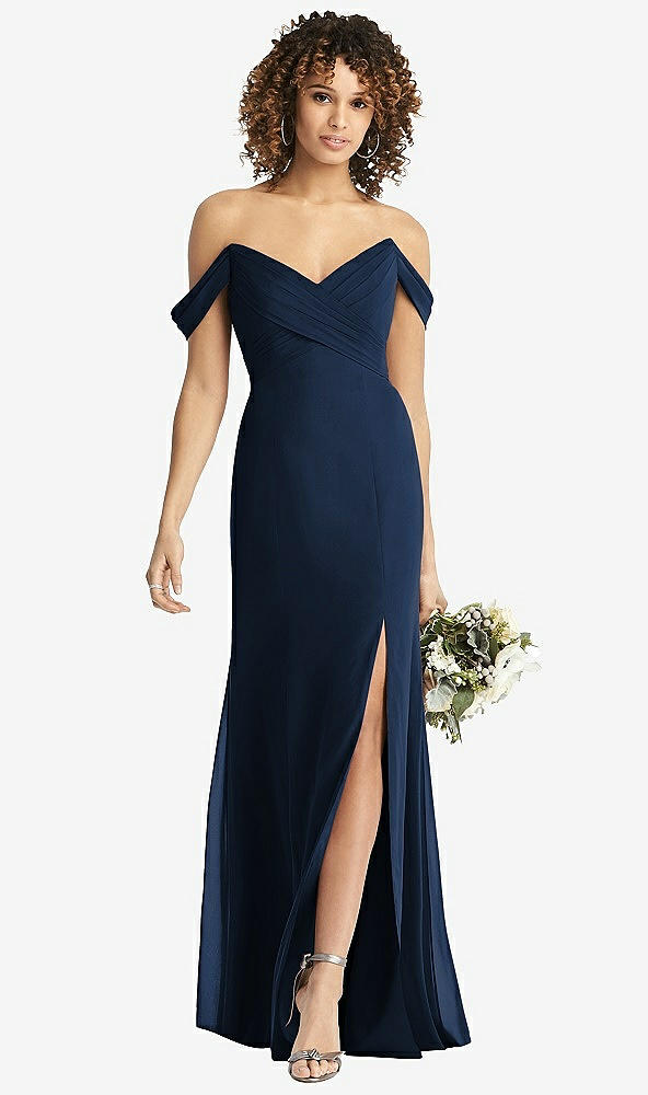 【STYLE: 8193】Off-the-Shoulder Criss Cross Bodice Trumpet Gown【COLOR: Midnight Navy】